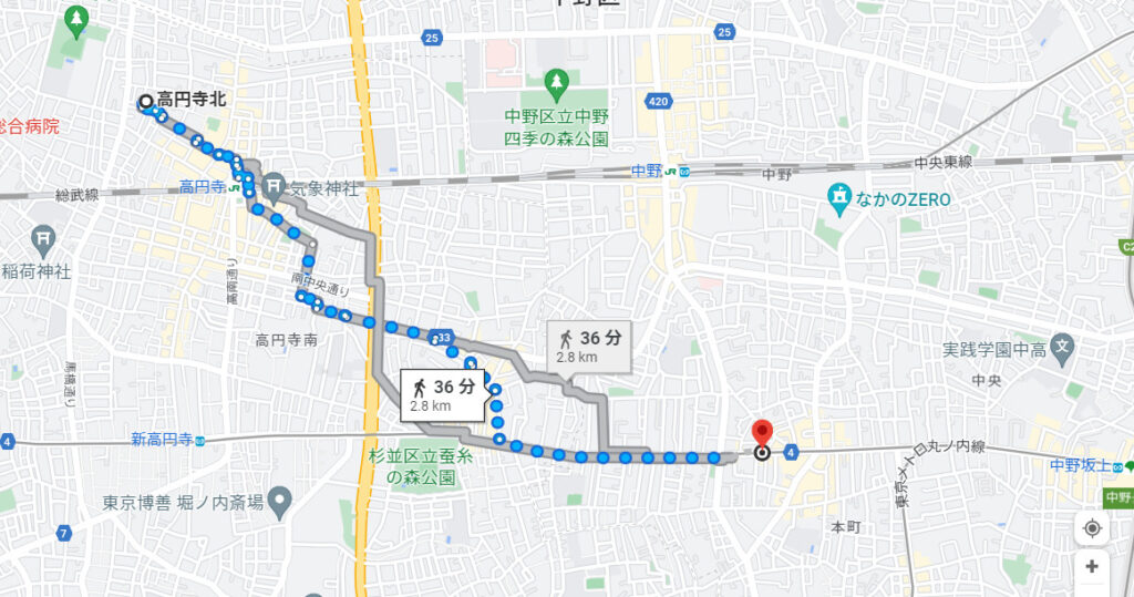 高円寺と新中野の地図